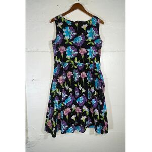 Lindy Bop Retro Fit & Flare Black Floral Sleeveless Dress Pockets Rockabilly L